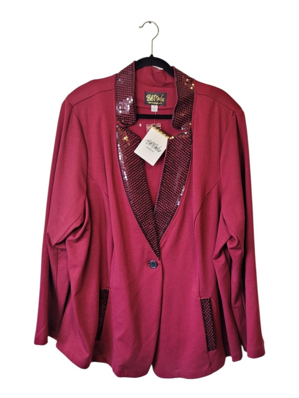 Bob Mackie Maroon Jersey Knit Sequin-Trim Blazer Jacket Size 3X NWT